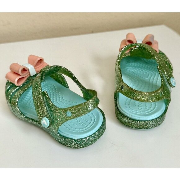 Crocs Girls Blue Green Glitter Size 5 Isabella Hook Loop Sling Back Bow Sandals - Picture 8 of 12